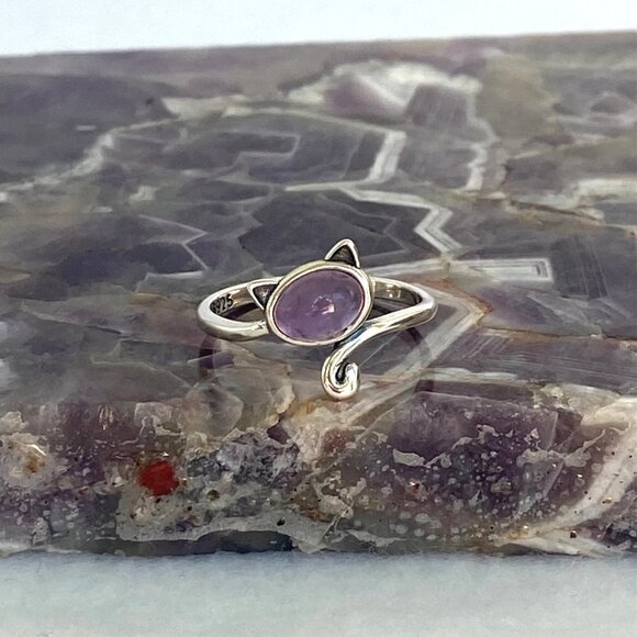 Sterling Silver 925 Oval Amethyst Cabochon Kitty Cat Band Ring Size 6 Cat Lover - Picture 5 of 16